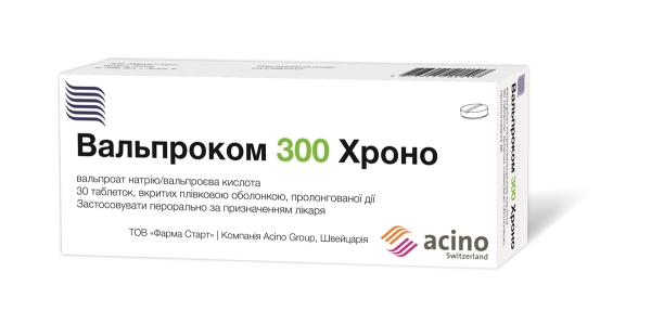 ВАЛЬПРОКОМ 300 ХРОНО таблетки, вкриті плівковою оболонкою, пролонгованої дії по 300 мг, по 10 таблеток у блістері, по 3 блістери в картонній пачці